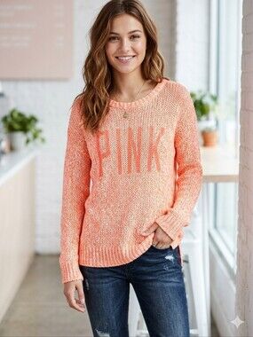 VS PINK Neon Orange Marled Open Knit Crewneck Sweater